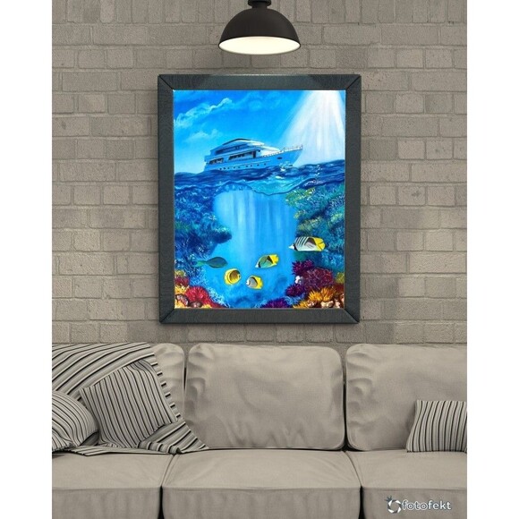 Original Oil Painting 18x24 Seascape Underwater Yachts Marine Life Canvas Art - Picture 8 of 8